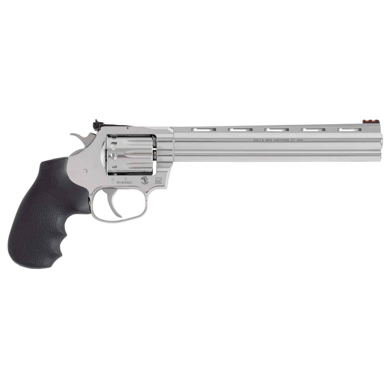 Colt King Cobra Target 22 LR, 8" Barrel, Stainless Steel Finish, Silver, Hogue Grips, Fiber Optic Front Sight, 10rd