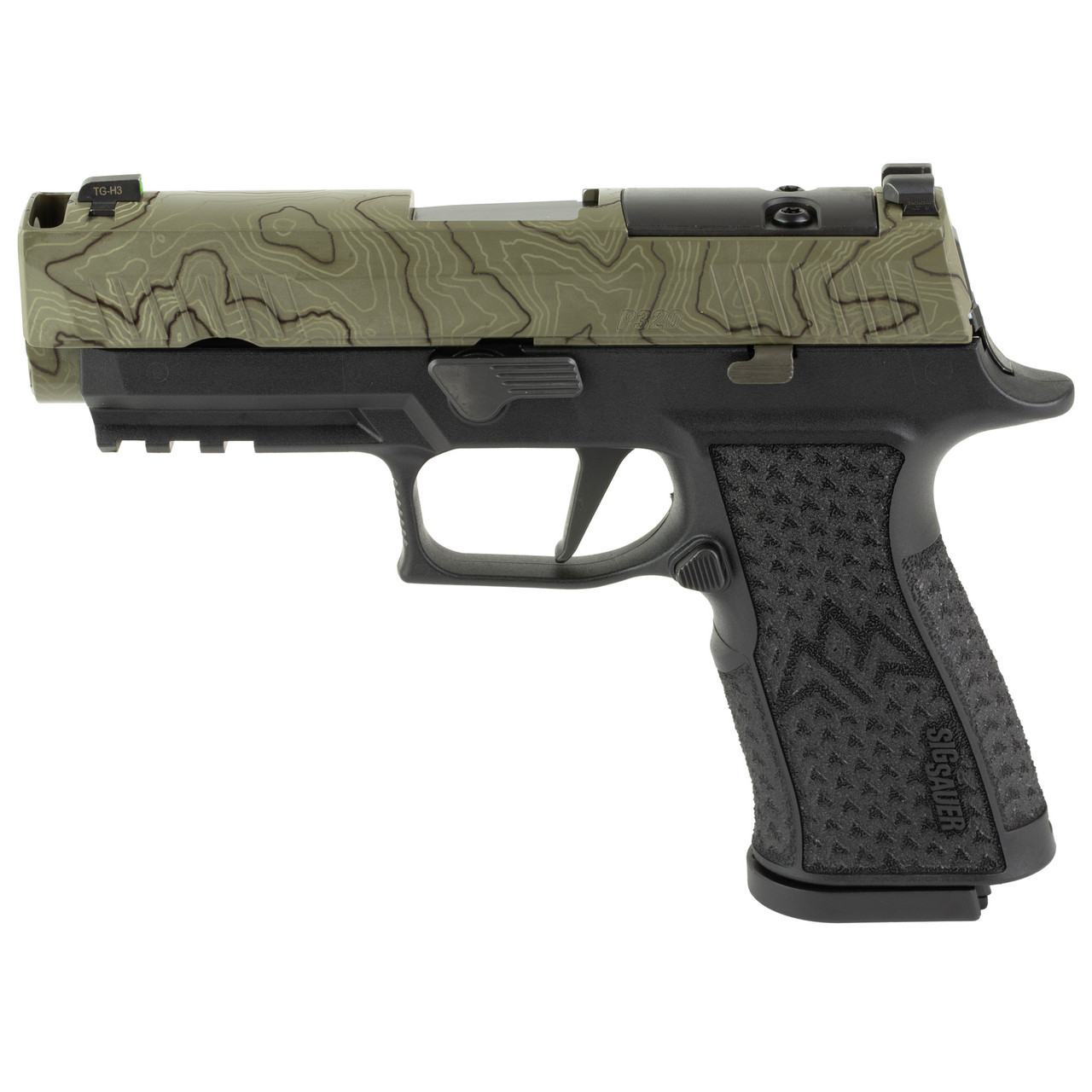 Sig P320 XTEN Endure Comp 10mm, 3.8" Ported Barrel, Cerakote Moss Green Laser Etched Slide, Black Frame, Optics Ready, XRAY3 Sights, 3x15rd Mags