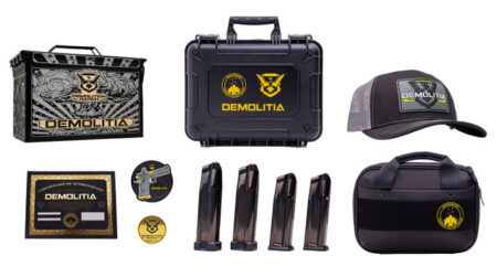 Watchtower Firearms Demolitia Elite Package 9mm 5" Gold Plated PVD Ported Barrel, Graphite PVD Optic Cut/Serrated Steel Slide, Graphite PVD Frame, Black Textured Grip, 20 Rd