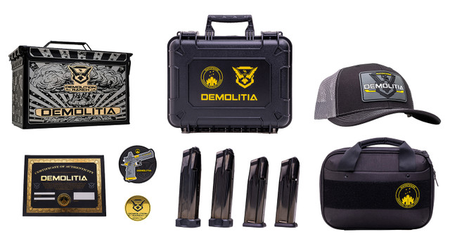 Watchtower Firearms Demolitia Elite Package 9mm 5" Gold Plated PVD Ported Barrel, Graphite PVD Optic Cut/Serrated Steel Slide, Graphite PVD Frame, Black Textured Grip, 20 Rd