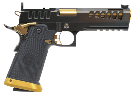 Watchtower Firearms Demolitia Elite Package 9mm 5" Gold Plated PVD Ported Barrel, Graphite PVD Optic Cut/Serrated Steel Slide, Graphite PVD Frame, Black Textured Grip, 20 Rd