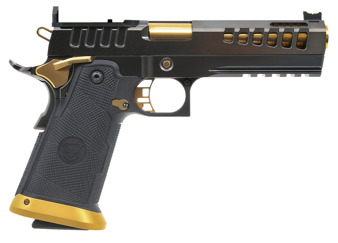 Watchtower Firearms Demolitia Elite Package 9mm 5" Gold Plated PVD Ported Barrel, Graphite PVD Optic Cut/Serrated Steel Slide, Graphite PVD Frame, Black Textured Grip, 20 Rd