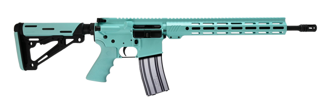 Bushmaster ORCII Pro 5.56 NATO 16" Barrel, Robin's Egg Blue Cerakote, M4 Carbine Aqua/Black Synthetic Stock, Aqua Hogue BFG Grip, 30rd Mag