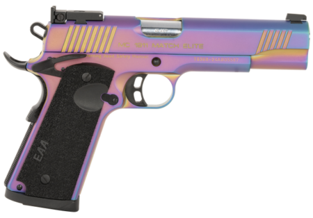 Girsan MC1911 Full Size Frame 45 ACP, 5" Stainless Bull Barrel, Multi Color PVD Coating Serrated Steel Slide, Multi Color PVD Coating Steel Frame Beavertail, Black Textured Grip