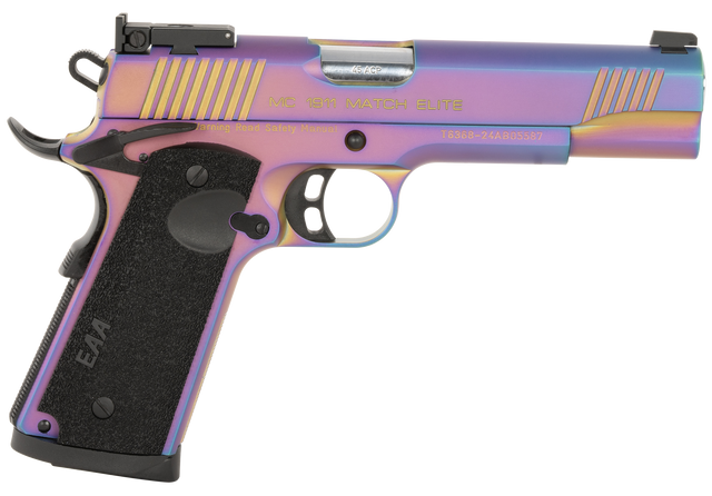 Girsan MC1911 Full Size Frame 45 ACP, 5" Stainless Bull Barrel, Multi Color PVD Coating Serrated Steel Slide, Multi Color PVD Coating Steel Frame Beavertail, Black Textured Grip