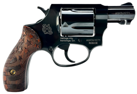 Heritage Roscoe Small 38 Special +P, 5 Shot, 3" Black Polished Alloy Steel Barrel, Cylinder & Frame, Custom Designed Wood Grip Stars & Stripes, Transfer Bar Safety, Exposed Hammer
