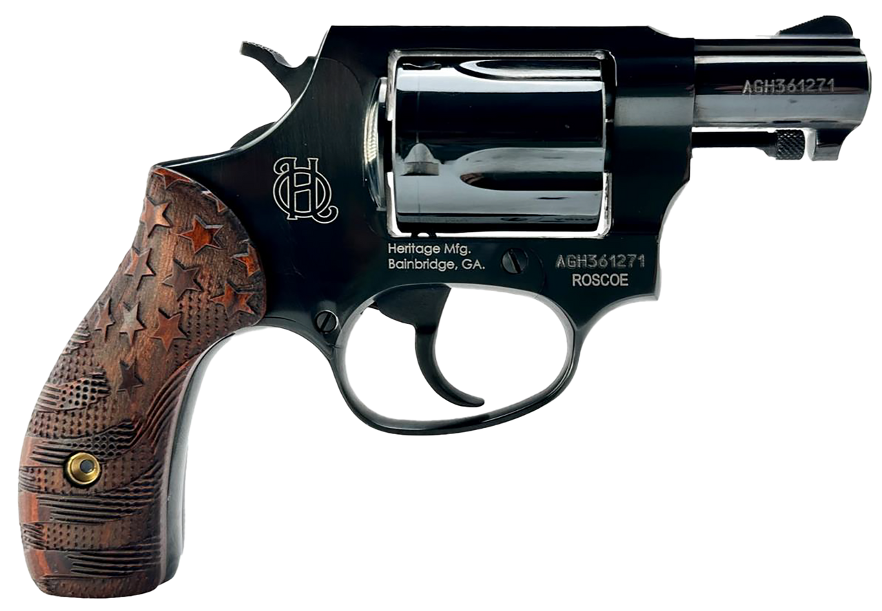 Heritage Roscoe Small 38 Special +P, 5 Shot, 3" Black Polished Alloy Steel Barrel, Cylinder & Frame, Custom Designed Wood Grip Stars & Stripes, Transfer Bar Safety, Exposed Hammer