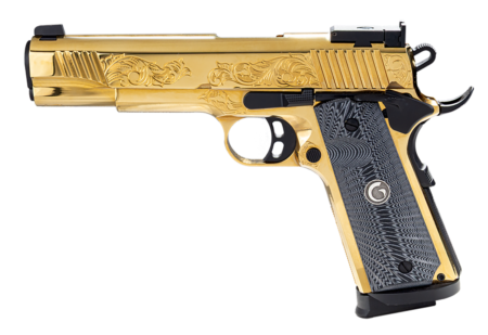 Girsan 1911 Gold 38 Super, 5" Barrel, PVD, Gold Engraved Slide-Frame, Engraved Pearl Grips, Leather Travel Case, 9rd