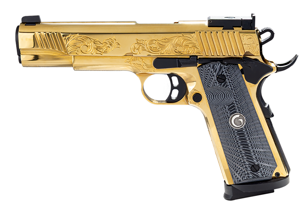 Girsan 1911 Gold 38 Super, 5" Barrel, PVD, Gold Engraved Slide-Frame, Engraved Pearl Grips, Leather Travel Case, 9rd