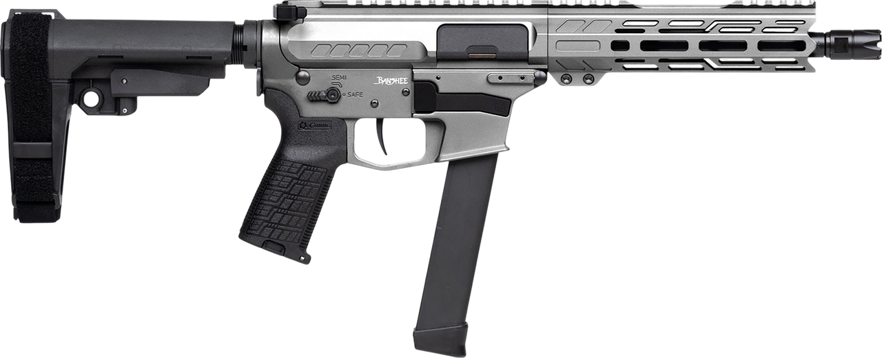 CMMG Banshee FE MkGs 9mm, 8" Threaded Barrel, M-Lok, Tungsten Cerakote, Picatinny, Black RipBrace, Zeroed Grip, 33rd