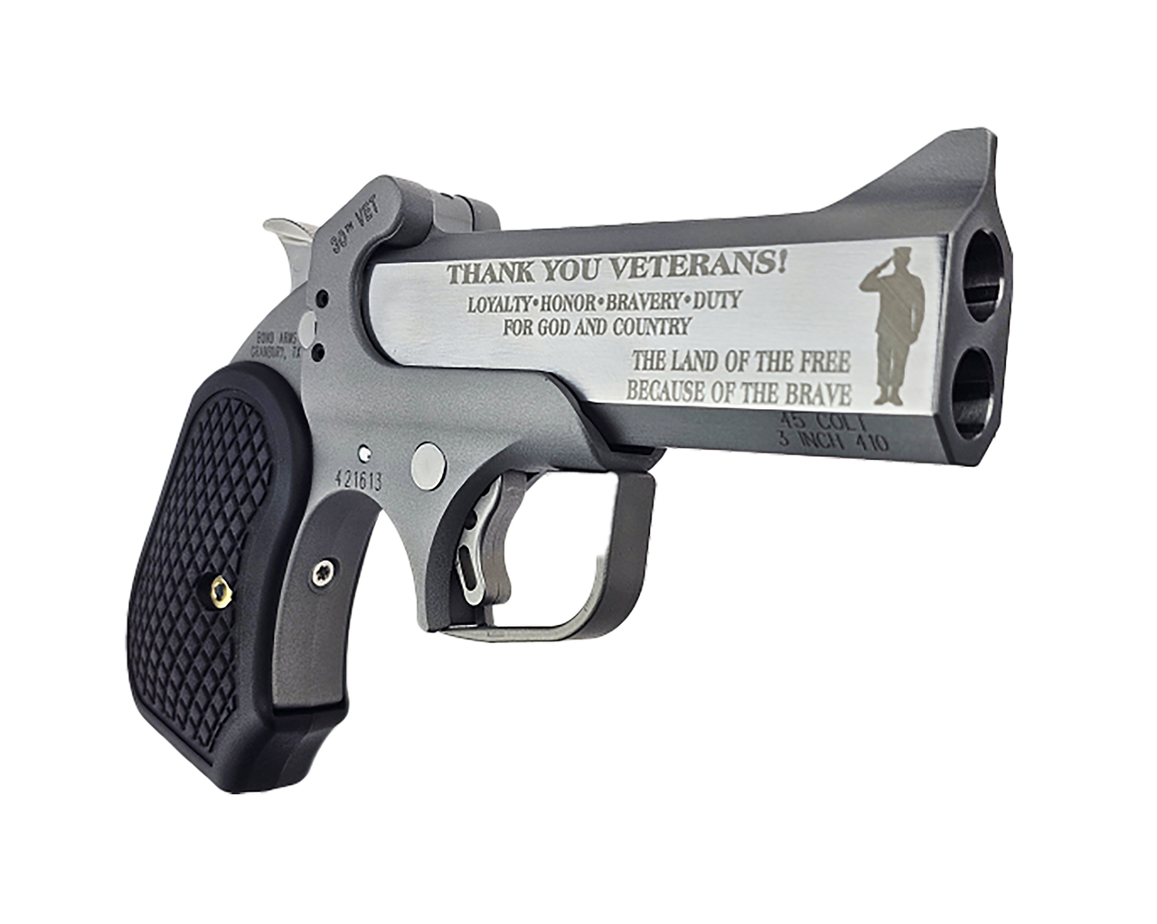Bond Arms 30th Veterans 45 Colt (Long Colt)/410 Ga 2 Shot 4.25" Engraved Matte Barrel, Rough Matte Stainless Steel Frame, Black Grips