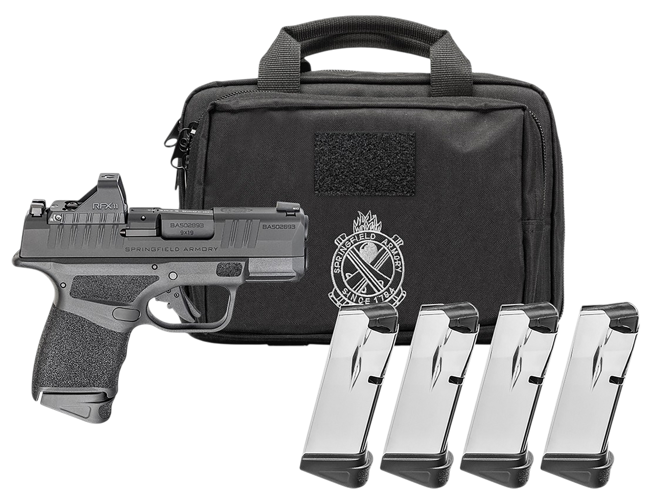 Springfield Hellcat OSP 380 ACP, 3" Barrel, Melonite Black, Textured Grip, Tritium Front Sight, Tactical Rear, Viridian Green Dot Optic, 3x13rd and 1x11rd, Range Bag