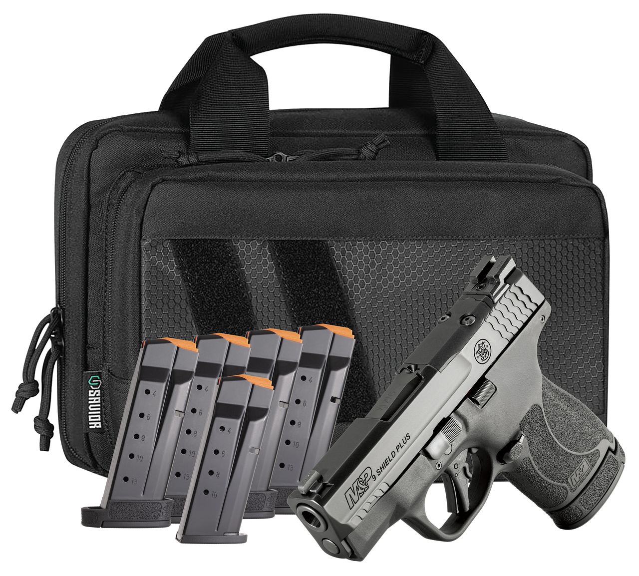 Smith & Wesson M&P Shield Plus Bundle Compact Slim Frame 9mm 3.10" Barrel & Optic Ready/Serrated Slide, Black Polymer Frame, Black Textured Grip, Bag & 6 Mags