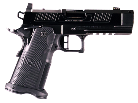 Alpha Foxtrot Romulus 1911 9mm 20rd, 4.25" Black Threaded Compensated Barrel, Optic Ready-Serrated, Polished DLC, Beaver, Pic Rail, RMSc Grip