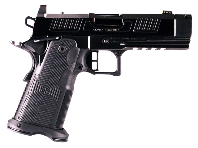 Alpha Foxtrot Romulus 1911 9mm 20rd, 4.25" Black Threaded Compensated Barrel, Optic Ready-Serrated, Polished DLC, Beaver, Pic Rail, RMSc Grip