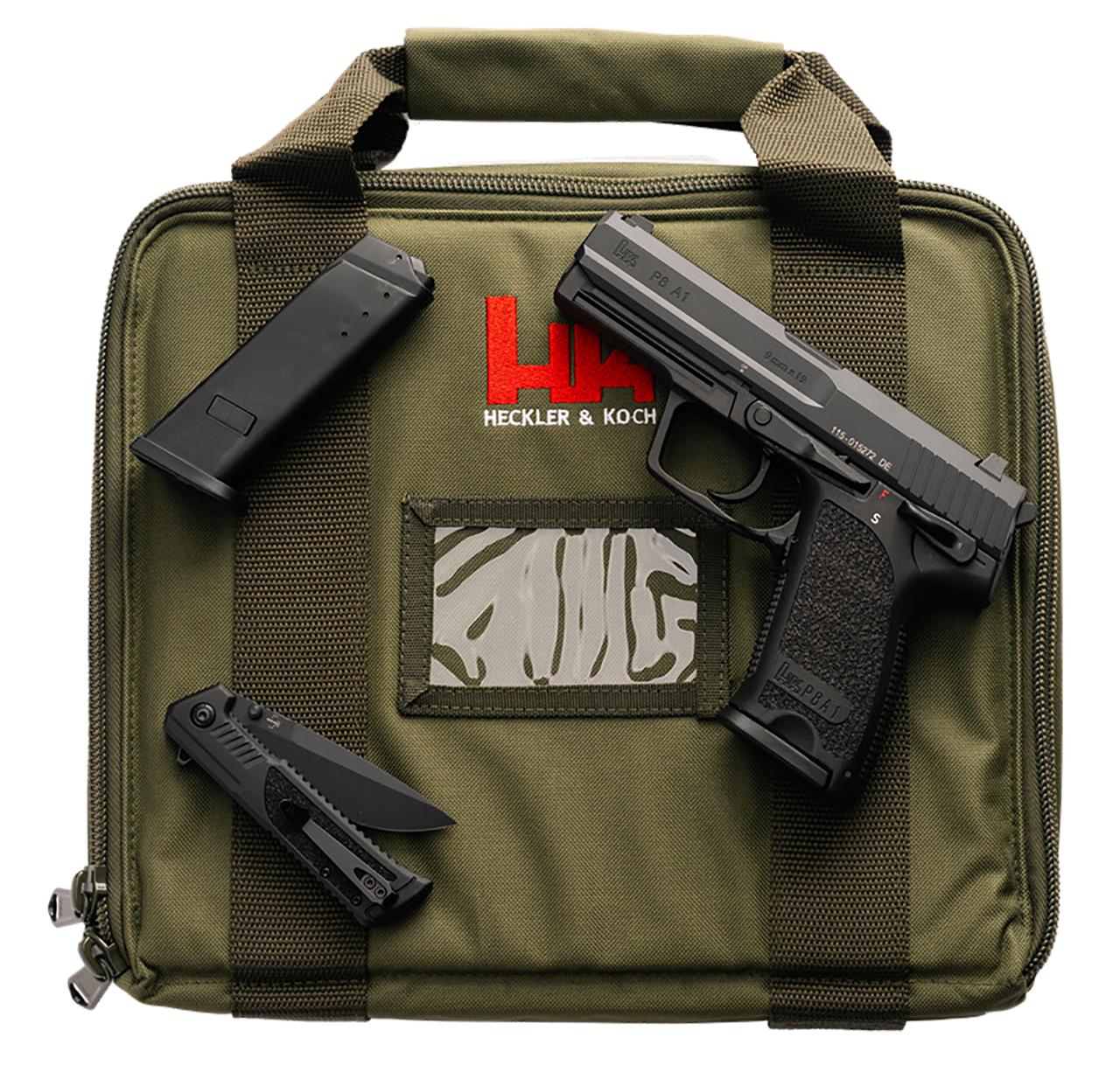 Heckler & Koch P8 A1 9mm, 4.25" Barrel, Matte Black, 3-Dot, Reversed Safety/Decocker Lever, 2x10rd Mags, Boker Knife, Commemorative Green Case