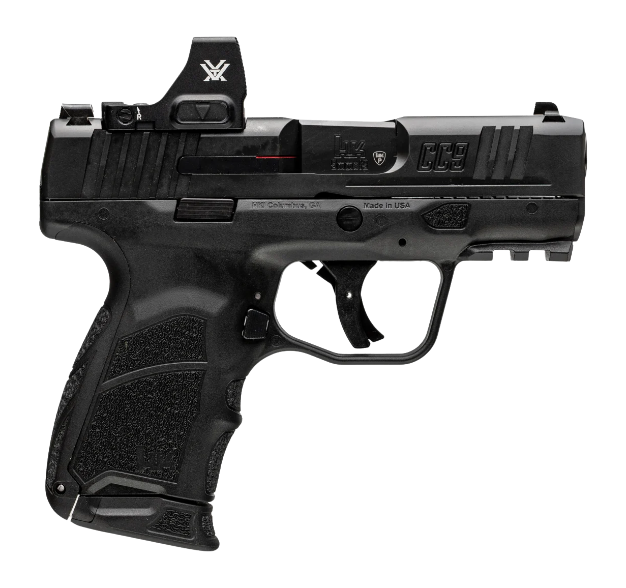 Heckler & Koch CC9 Optic Package 9mm, 3.32" Barrel, Black, Front Tritium Night Sight, Vortex Defender CCW Red Dot Sightt, (1)-12rd Mag and (1)-10rd Mag