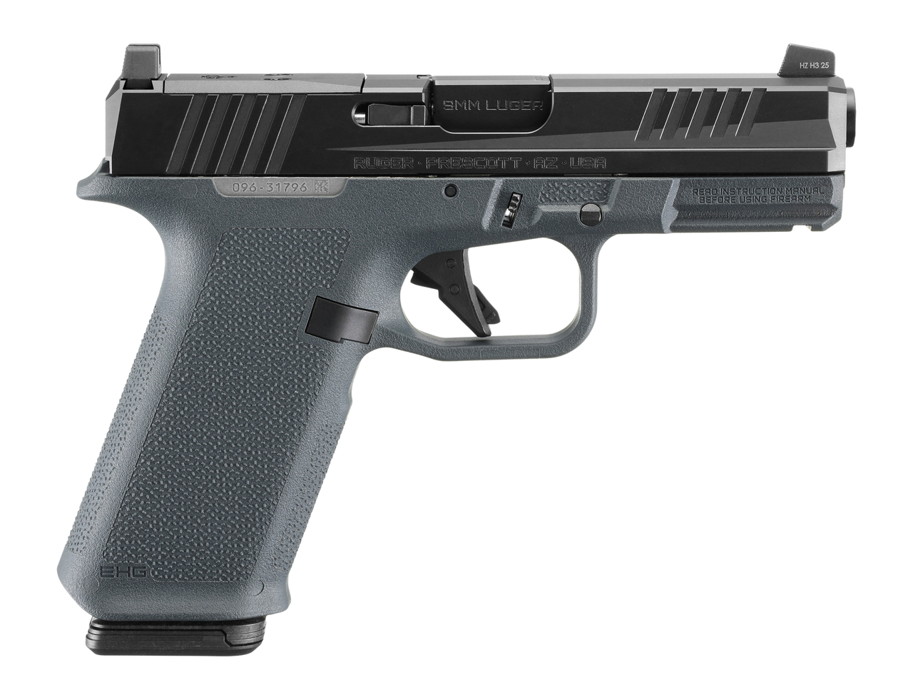 Ruger RXM 9mm, 4" Barrel, Nitride Finish, Black Slide, Magpul EHG Gray Frame, Optics Ready, Front Night Sight, 2x17rd Magpul PMAG 17 GL9 Mags