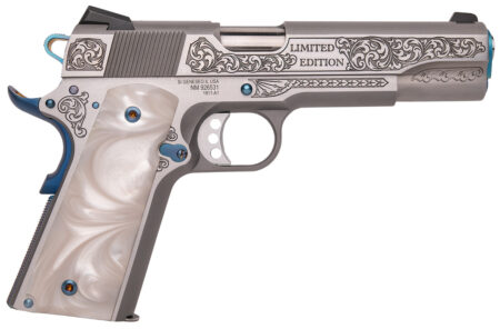 CNC 1911 Springfield 45 ACP, 5" Barrel, Engraved Scrollwork Stainless Steel, Nitre Blue Controls, Stag Grip, 7rd