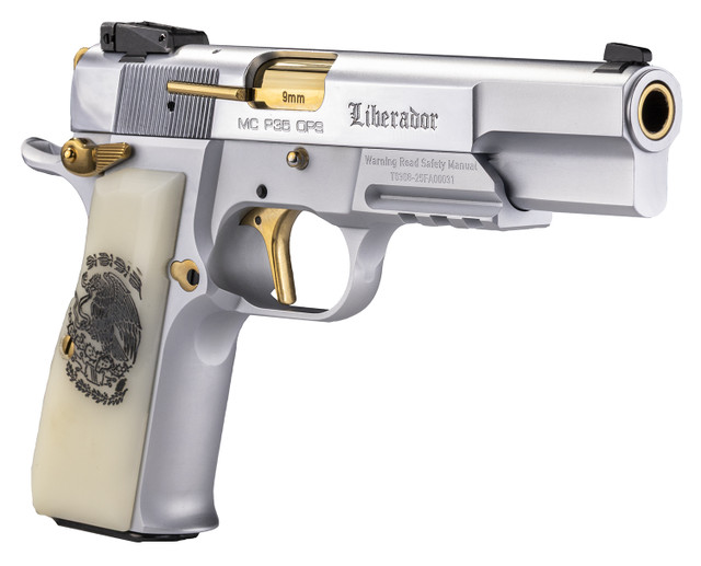 Girsan MCP 35 Liberador Match 9mm Pearl Engraved w/Mexican Coat Of Arms, Gold PVD Controls, Flat Tuned Trigger 15 rd - Image 3