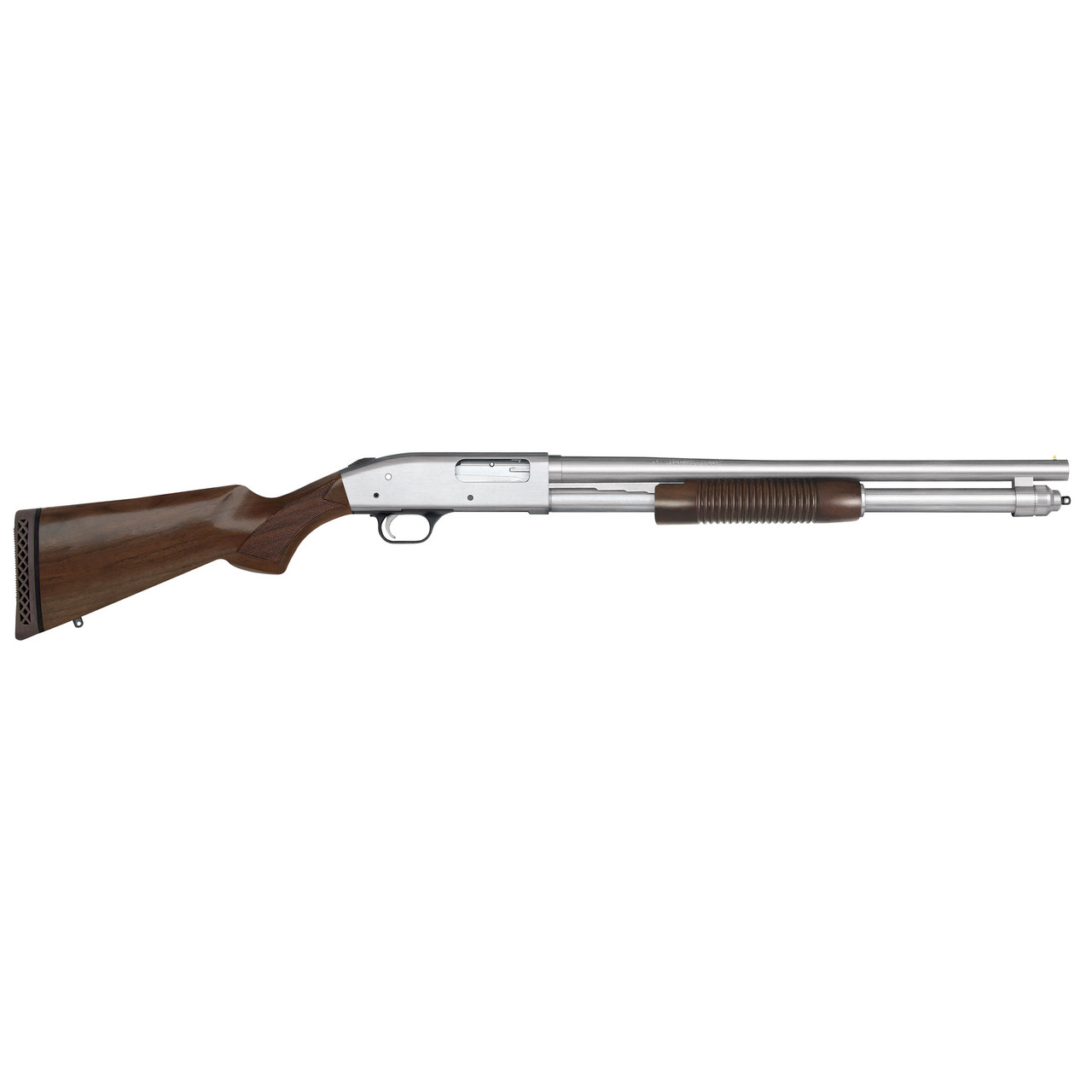 Mossberg 590 Security 12 Ga, 3" Chamber 20" Barrel, Chrome Barrel/Rec, Walnut Furniture, 8rd