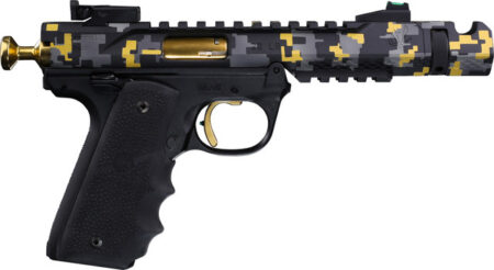 Volquartsen Black Mamba DBG 22 LR, 4.5" Threaded Barrel, Black/Yellow Digital Camo, Gold Barrel/Trigger, Black Hogue Grip, 10rd